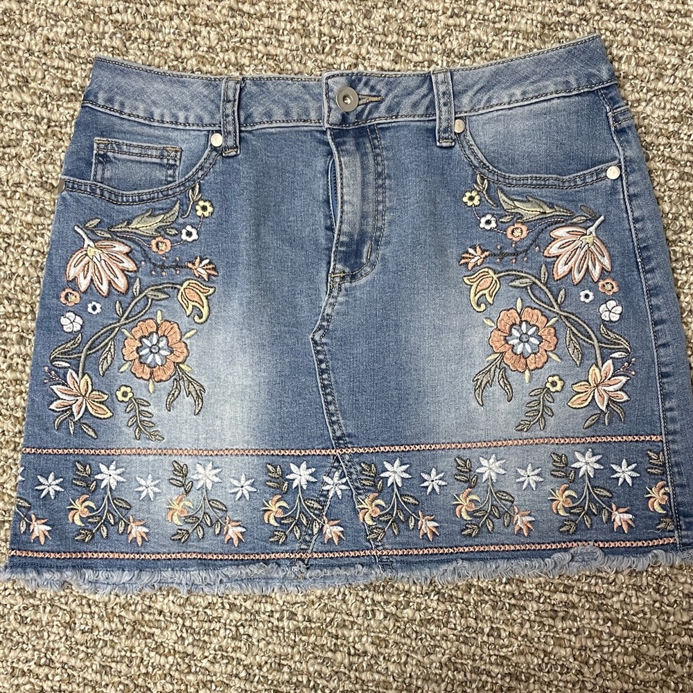 Altar'd State Floral Embroidered Denim Mini Skirt